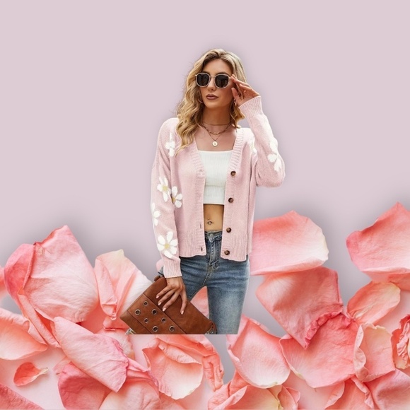 Floral Print Cardigan Knit V-Neck Long Sleeve Pink - Picture 1 of 4